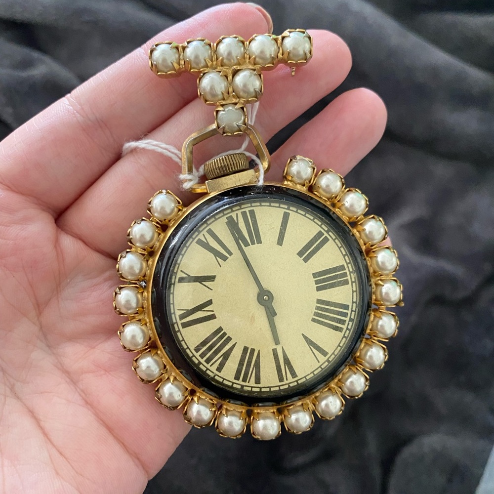Vintage pearl and gold watch brooch